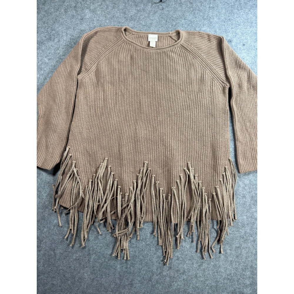 Chicos Fringe Hem Ribbed Knit Sweater Taupe Brown Crew Neck Size 3 XL Womens